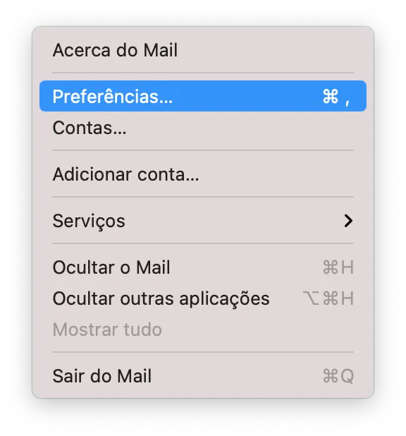 Passo 1: Clique no menu Mail e escolha Definições (ou Preferências).