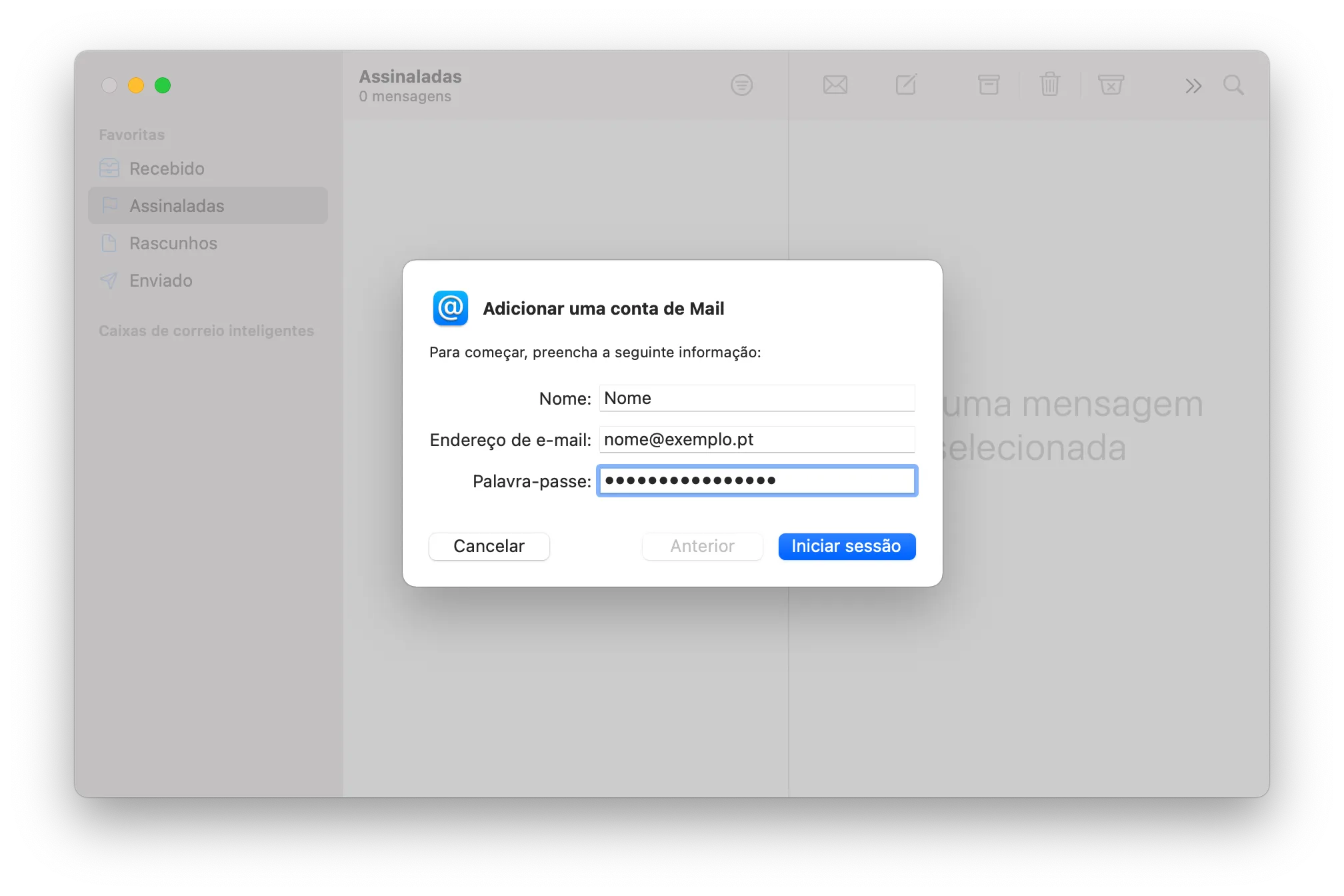 Passo 4: Preencha o nome, o endereço de email e a palavra-passe e clique em Iniciar sessão.