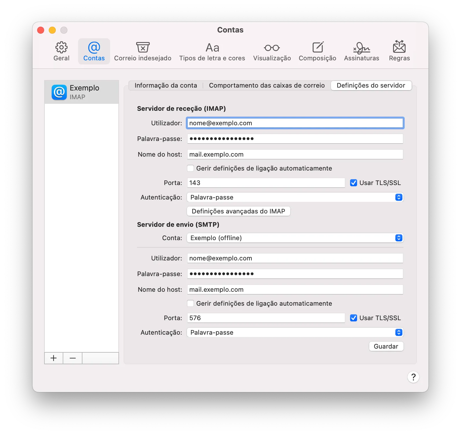 Passo 6: Em Definições do servidor, confirme as portas e ative Usar TLS/SSL. Clique em Guardar.