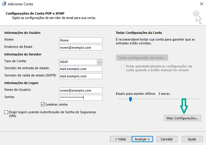Passo 8: Preencha os campos com atenção (nome, email, servidores, utilizador e palavra-passe) e clique em Mais definições.