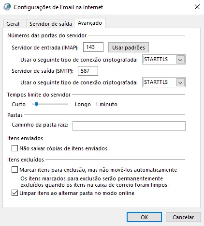 Passo 10: No separador Avançadas, indique as portas e o tipo de ligação encriptada como mostra a imagem.